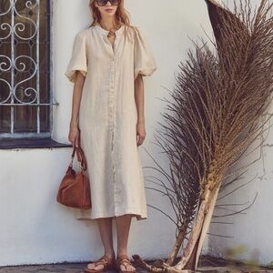 Lanhtropy Bubble Linen Dress Size XS Minimalist Button Balloon Sleeve In Natural